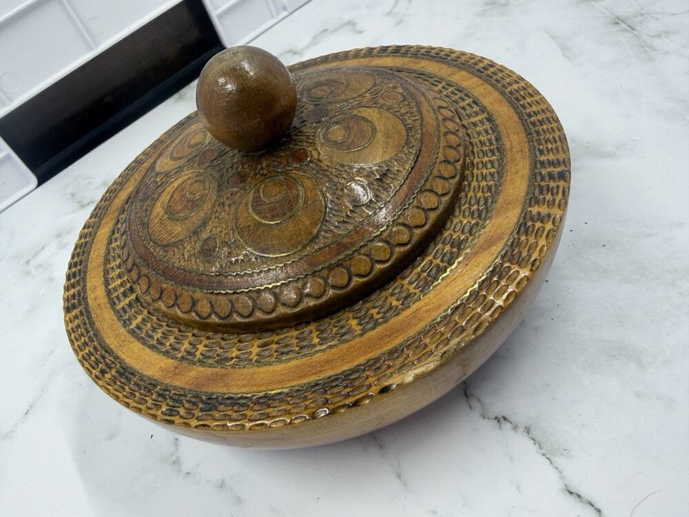 Vintage Hand Carved Wood Trinket Box Round Lidded Metal Reinforced Geometric Top